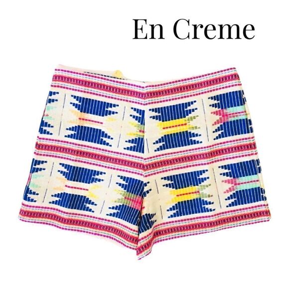 EN CRÈME Blue & Neon Aztec Embroidered High Waisted Jacquard Shorts Sz S NWT - Picture 1 of 10